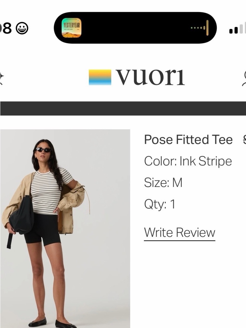 Vuori Pose Fitted Tee - Stripe Short Sleeve - Black & cream - Size M